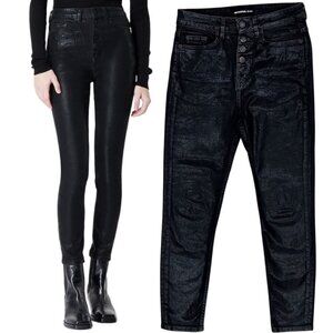 The Kooples Lizy Foiled Effect Coated Waxed Slim Fit Jeans in Black Size 27